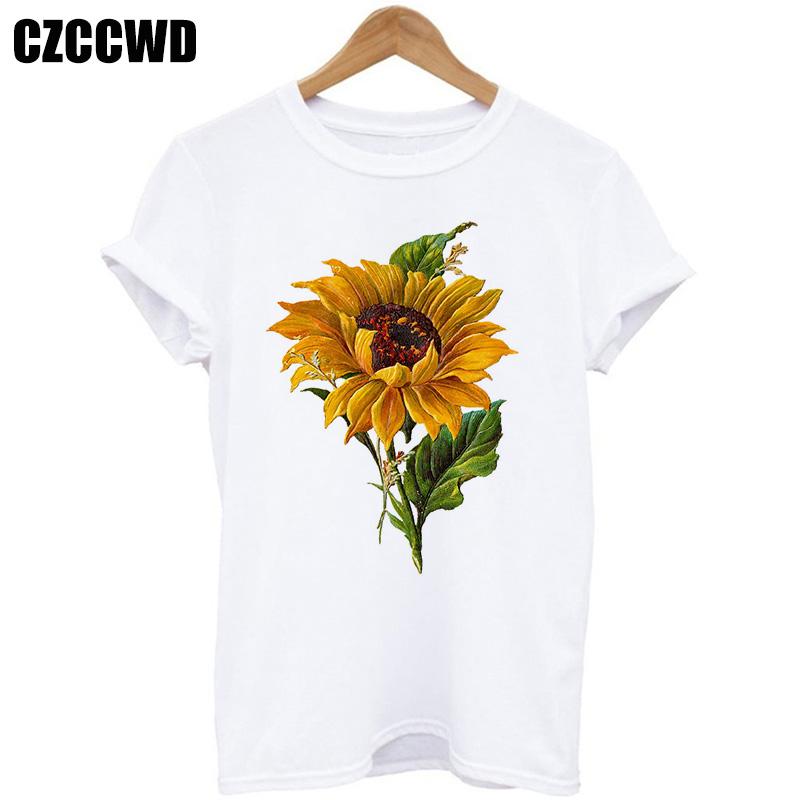 Sunflower Bee Kind Yellow Women Tshirt Aesthetics Graphic Short Sleeve Cotton Polyester T Shirts Female Camisetas Verano Mujer