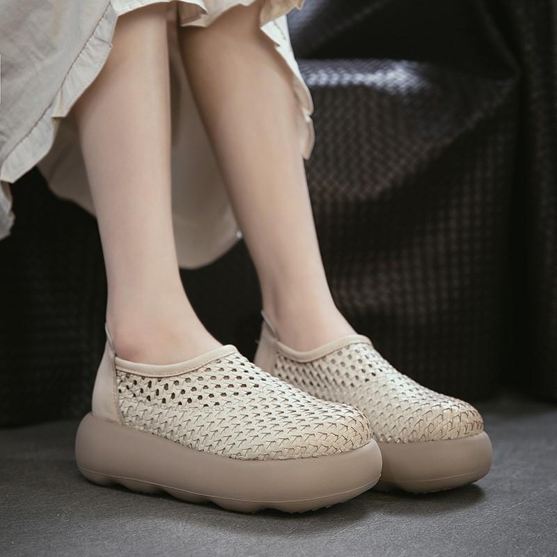 Johnature Retro Hollow-out Breathable Woven Genuine Leather Thick Soled Sandals Simple Women's Platform Shoes
