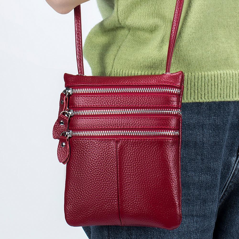 New Women's Mobile Phone Bag Soft Leather Vertical Three Zipper Shoulder Messenger Bag Fashion Women's Bag Trend