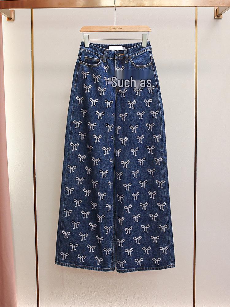 

Женские джинсы широкие от бедра в стиле ретро, с французским дизайном, с бантом и стразами - Повседневная мода Осень/Зима Small джинсовый синий