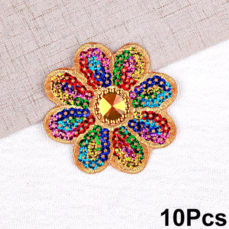 10Pcs Sequins Embroidery Cloth Stickers Small Octagonal Flower Performance Costume Ethnic Costume Accessories Iron-On Stickers