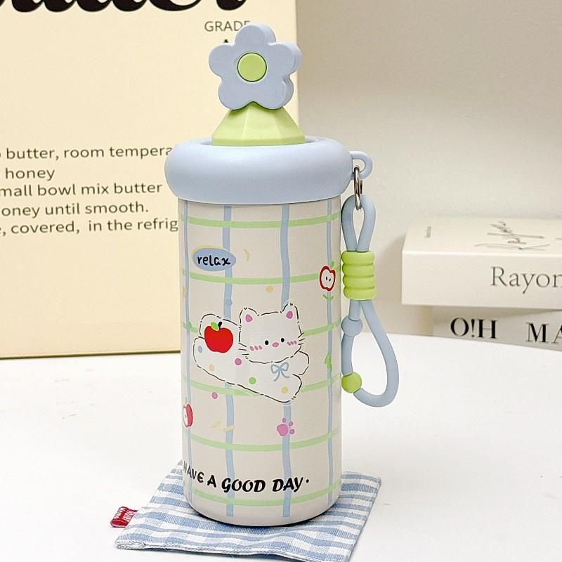 Cute Cat Theme 600ml Stainless Steel Insulated Travel Mug With Straw For Kids And Adults