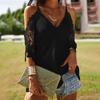 Women's Fashion Loose  Lace Hollow Sleeve Sling T-shirt Top Blouse