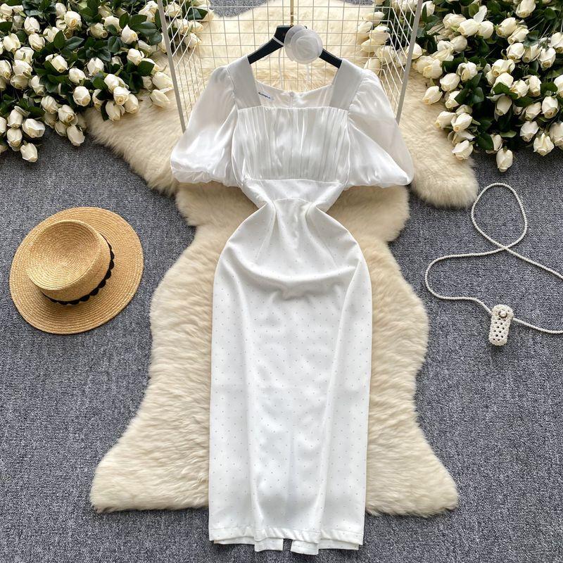 Socialite Elegant Elegance Dress Women's Fancy Mesh Puff Sleeves Patchwork Waist-Slimming Slim Fit Rhinestone Sheath Dress