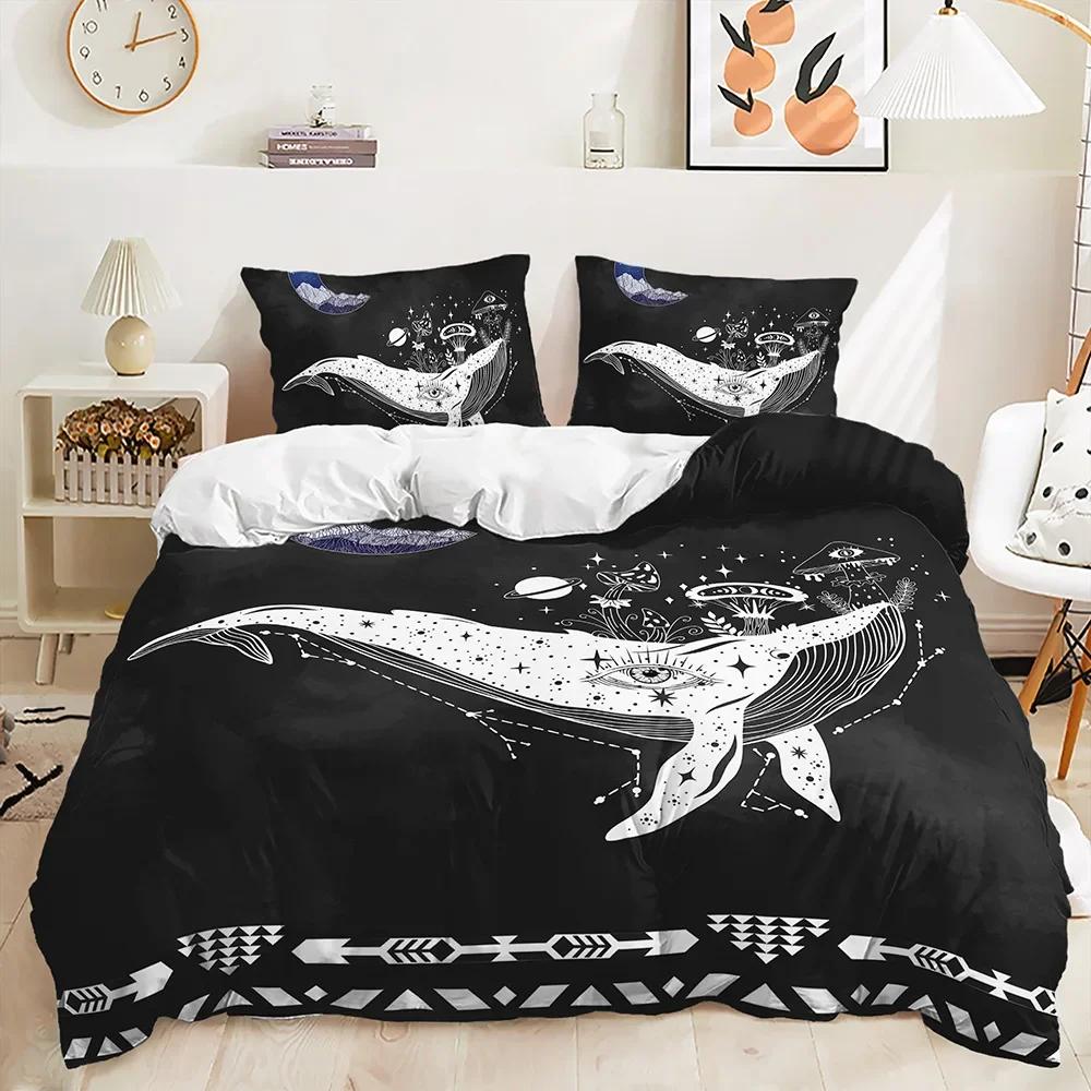 Print Fish,Dolphins, Sharks,Turtles Comfortable Quilt Cover Set for Quen, Light Blue Aquatic Shark Jelyfish Warm Comforter Cover Beding Sets