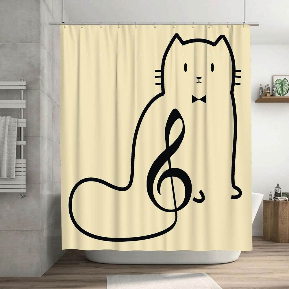 Black Music Note Cat Shower Curtain Bathroom Decor Liner for Kids Bath Room