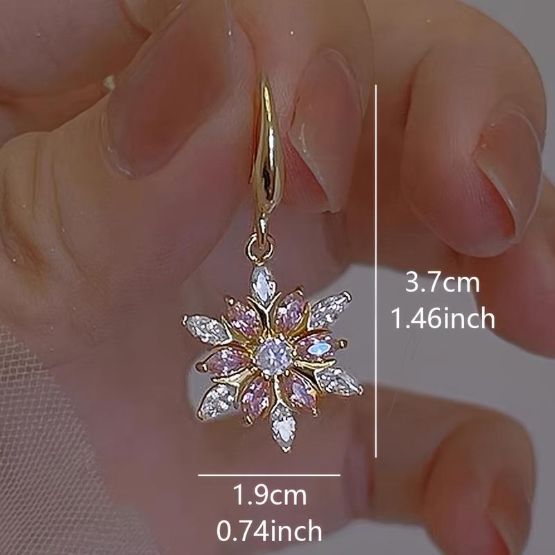 1 Pair Pink Glass Snowflake Drop Earrings -Christmas Gifts, Golden-Tone Zinc Alloy with Copper Hooks for Daily Wear & Parties