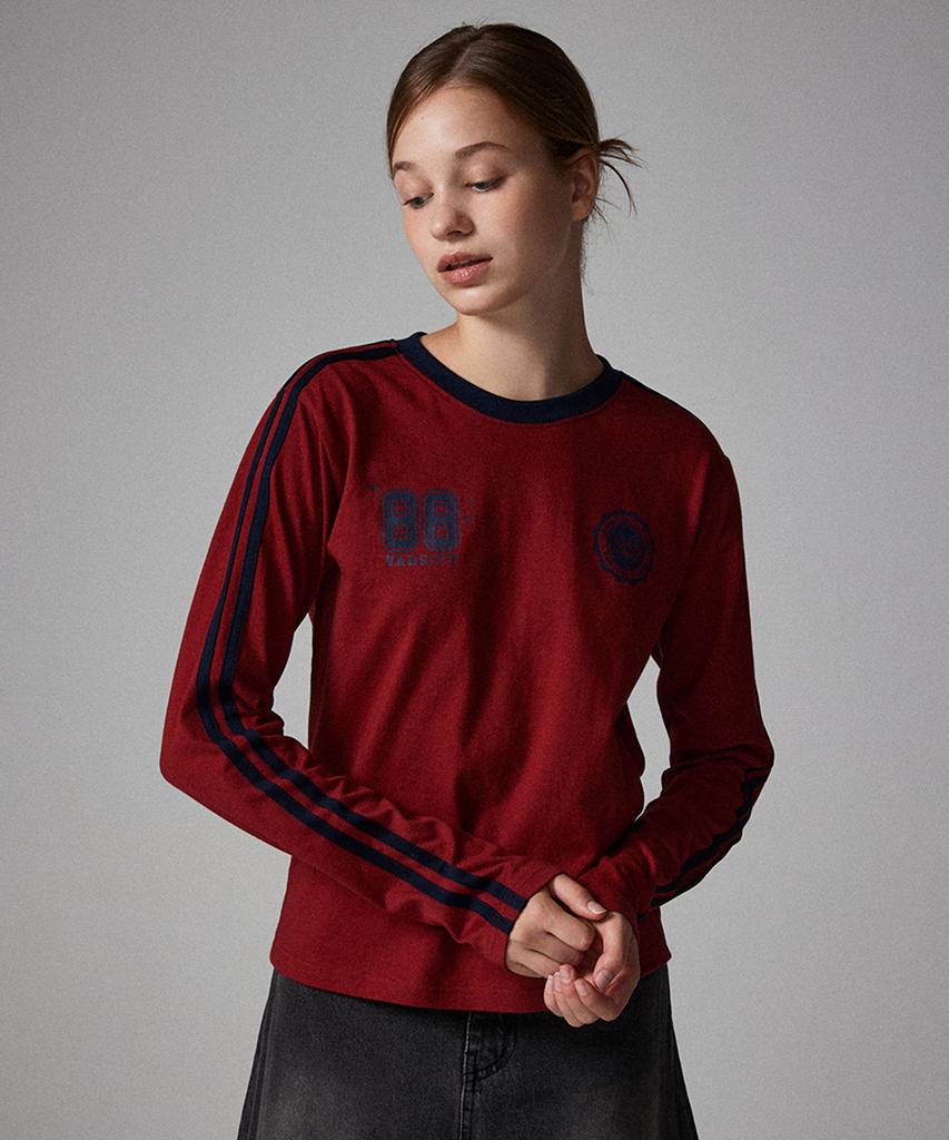 AWESOME STUDIO Football Line Color Block Long Sleeve Tee Wine