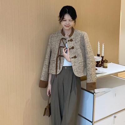 Women's Versatile Color Block Jacket with Frog Buttons - Petite, Retro French Style for Autumn.