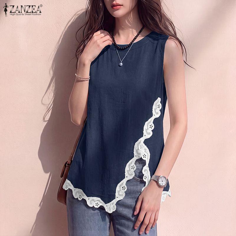 ZANZEA Women Casual Round Neck Lace Splice Sleeveless Tank Tops