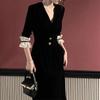 Hepburn-Style Black Velvet Lace Trim Dress for Women