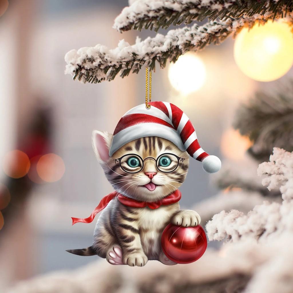 Flat Acrylic Surface Pendant With Cute Cat Wearing Christmas Hat Design Decor