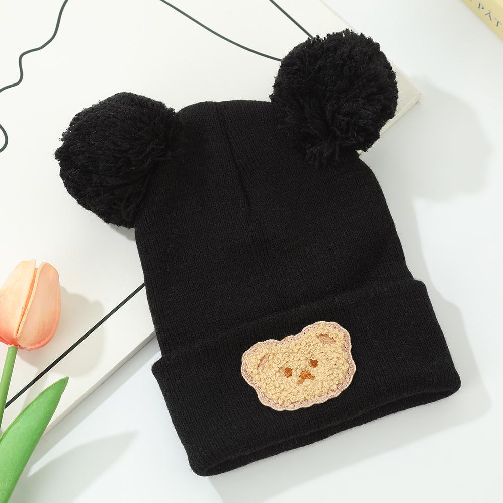Japanese-Korean Bear Embroidery Double Pom-Pom Knit Hat - Cute, Warm, Soft Wool for Autumn/Winter Kids 15*23cm чёрный