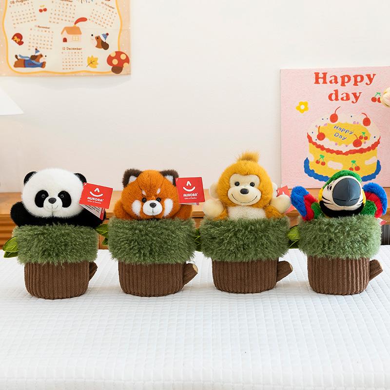 Creative Stump Hand Doll Little Panda Doll Parrot Plush Toy Hand Doll Doll Green Plant Children's Girls Birthday Gift