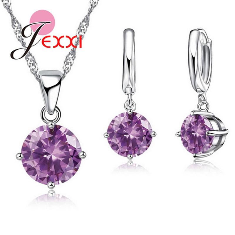 Hot Sale 8 Colors Shining Crystals 925 Sterling Silver Necklace Earrings Jewelry Sets Fashion Accessories Women Wedding