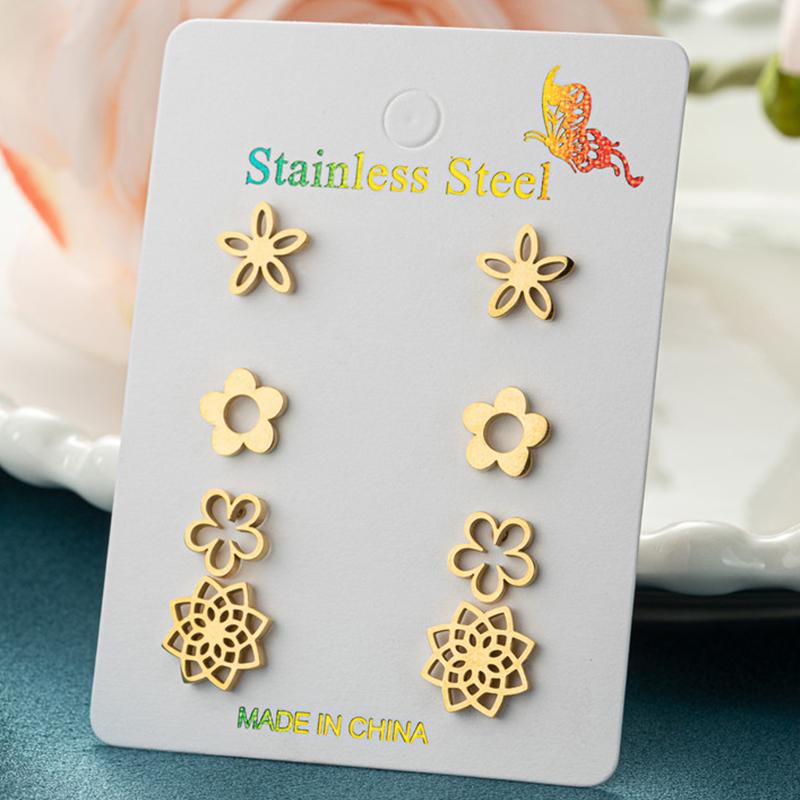 4Pairs/Lot Fashion Stainless Steel Star Moon Stud Earrings Sets for Women Small Flower Porker Dog Earings Jewelry Gift