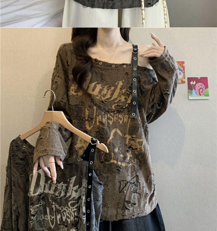 Asymetryczny, podarty T-shirt Plus Size z odkrytymi ramionami: Wyszczuplający top z długim rękawem na wiosnę/jesień