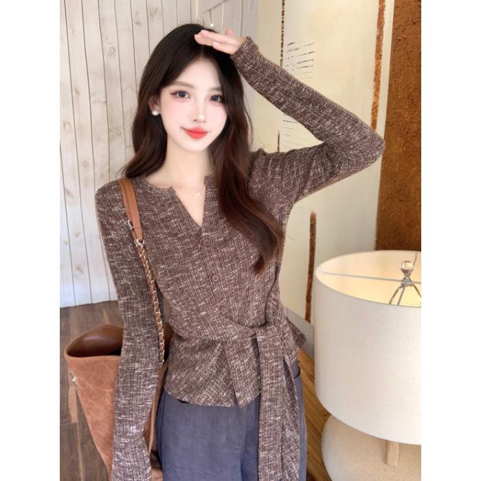 Trendy Slim-Fit V-Neck Belted Long-Sleeve Women s Top - Hot Girl Autumn Fashion Small кофейный