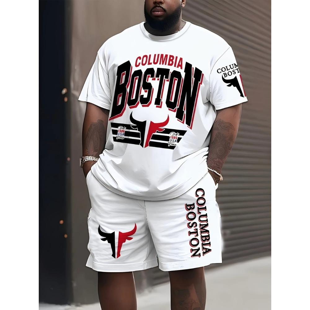 Men s summer new casual and comfortable round neck T-shirt shorts set modern cow head pattern printed outdoor two piece set S