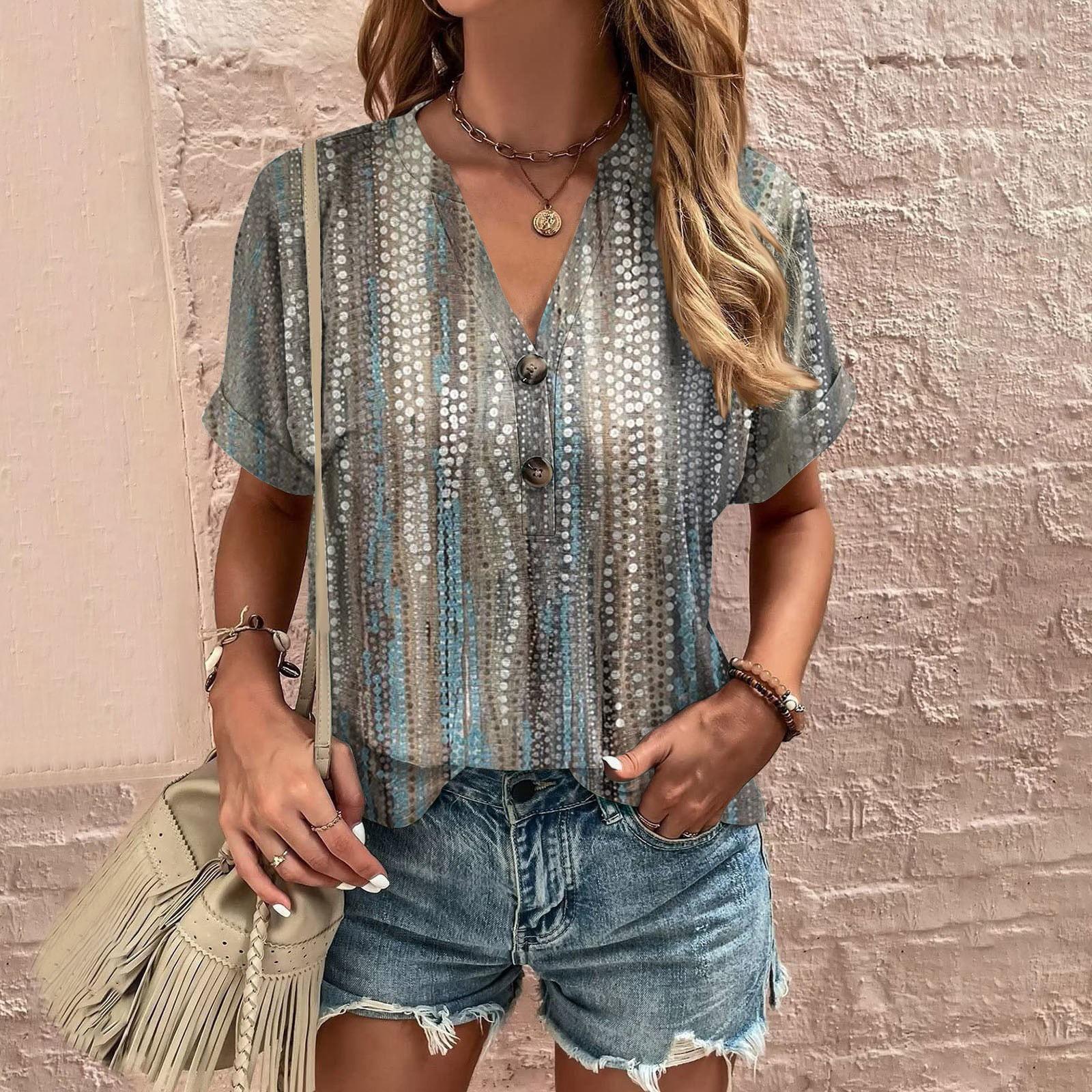 

Женская модная футболка с v-образным вырезом и пуговицами в стиле ретро с коротким рукавом и подложкой, топ M серый