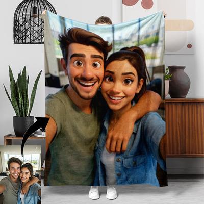 1pc Personalized Photo To Cartoon Pattern Fleece Blanket, a Lightweight And Soft Blanket, Perfect As a Gift for Family And Friends. Ideal for Father'S