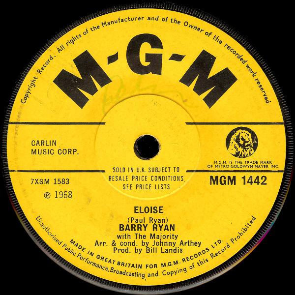 

7inch Record BARRY RYAN - Eloise MGM1442 MGM Records 1968 UK Rock Used