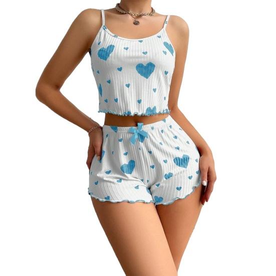 Women's Heart Print Ribbed Pajamas Set Crop Cami Tops And Shorts Cute Pjs
