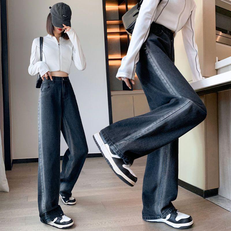 Plus Size Women's Black Denim Pants, Loose Elastic Waist, Wide-Leg, Straight, Floor-Length, Winter Extra Thick, Slimming, Fits Up to 200 Jin.