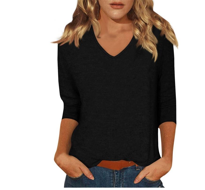 Women's Daily Versatile Casual V-Neck Solid Color Seven-Sleeve T-Shirt Top
