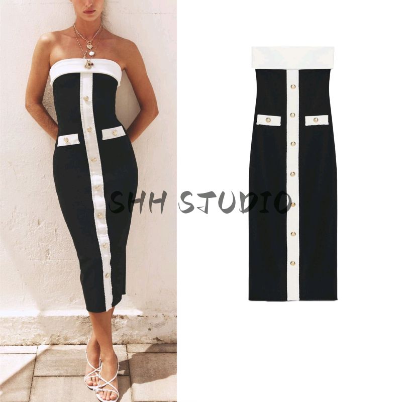 Autumn New Women's Clothing Classic Style Contrast Color Shaping Stretch Tube Top Straight-leg off-Shoulder Dress 5584126