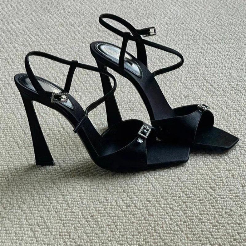 2025 Star style Crystal Satin Strap Buckle Women Gladiator Sandals Fashion Square toe Thin High heels Female Party Dress Shoes