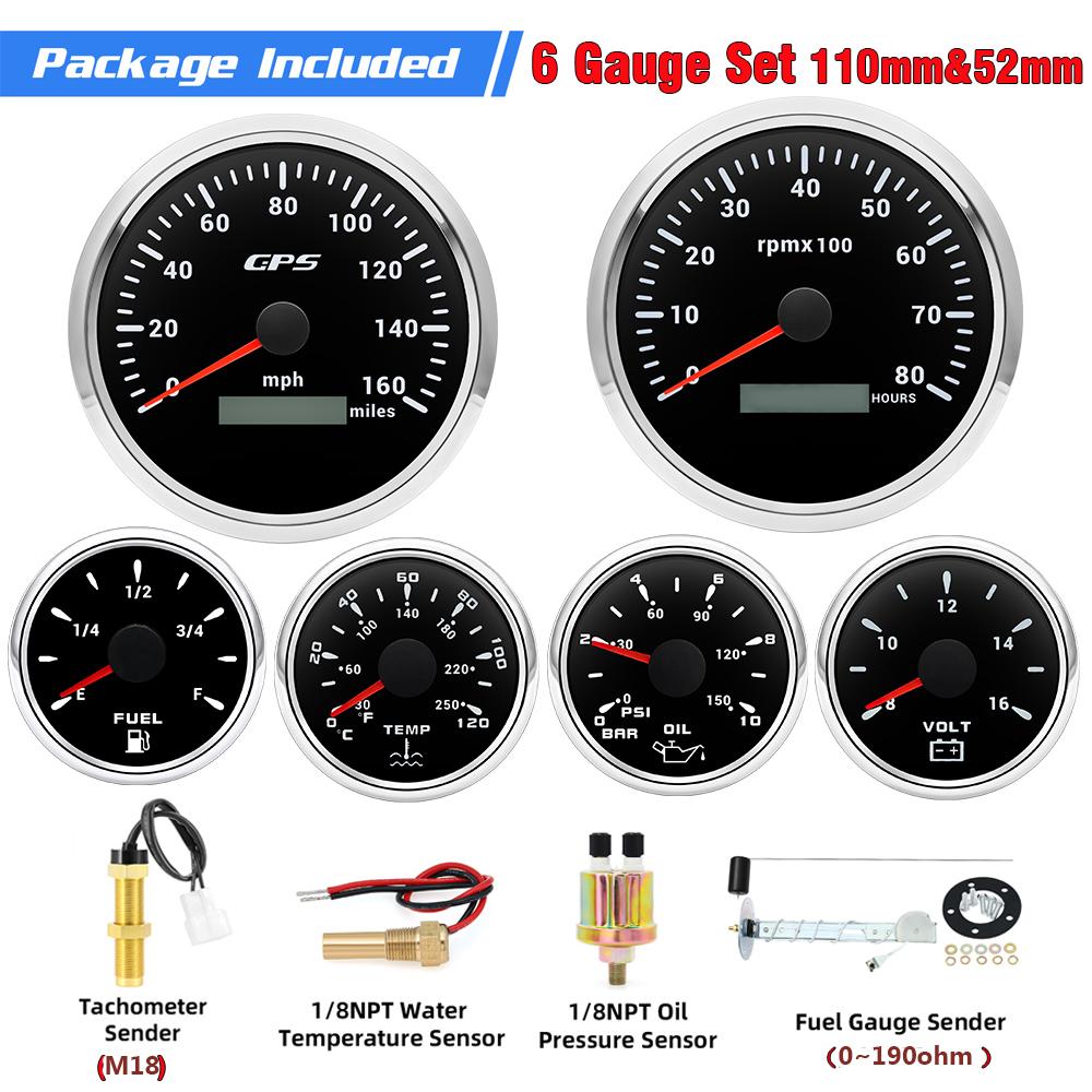 110mm GPS Speedometer 160MPH 0~8000rpm Tachometer Meter 7 Color 52mm Fuel Level Water Temp Oil Press Volt Sensor Kit 6 Gauge Set