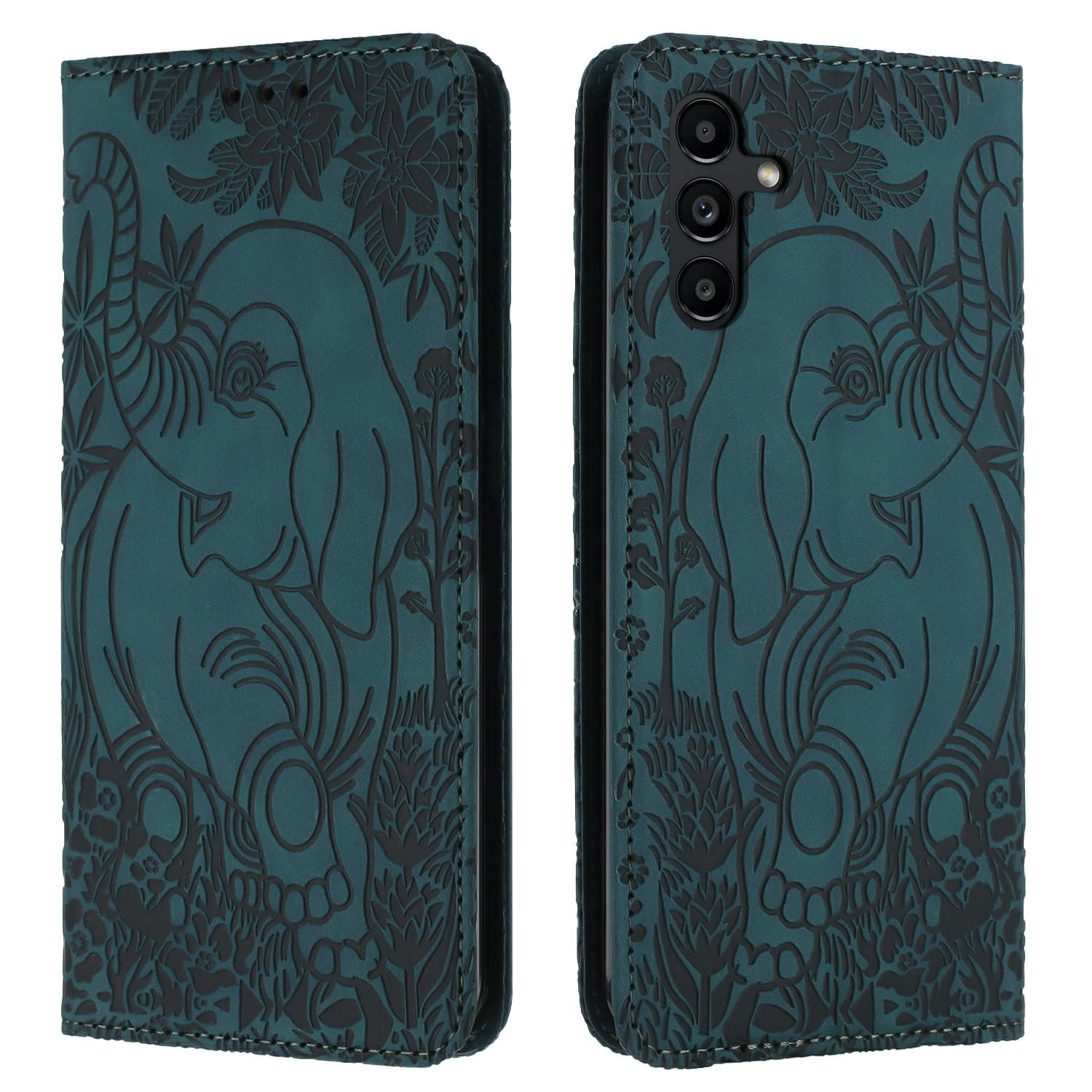

For Samsung Galaxy A26 5G/A16 5G/A16 4G Case PU Leather Wallet Phone Cover Elephant Pattern Green