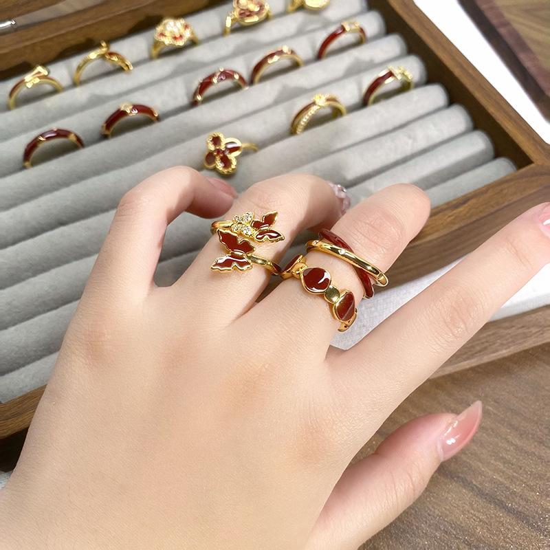 Court Style Medieval Red Lucky Transfer Enamel Drip Oil Opening Ring Butterfly High Sense Ring Woman