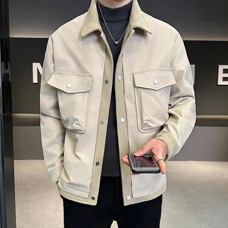 Black Lapel Jacket Tooling Men's Spring and Autumn Solid Color Coat Top Versatile Loose Simple Casual