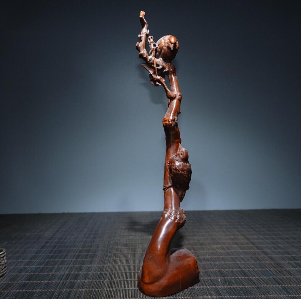 Chinese Antique Vintage Boxwood Wood Carving Wooden Statue Bird Pen Holder Decor