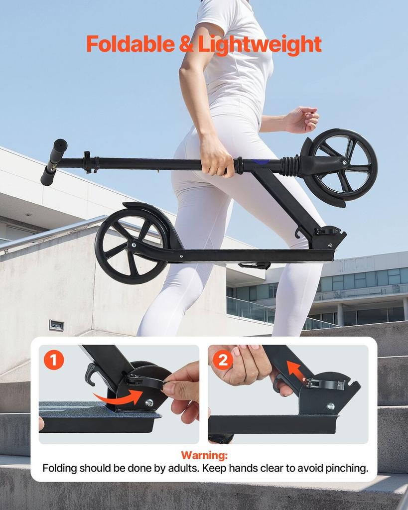 Kick Scooter for Kids Ages 8+, Teens & Adults, 2-Wheel Toddler Scooter with Adjustable Height Handlebar, Wide Anti-Slip Deck, Foldable Lightweight for