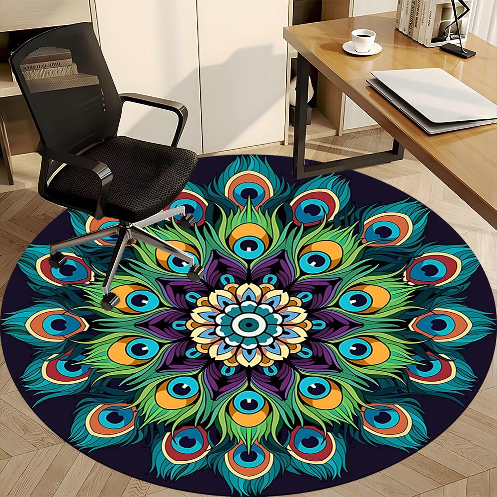 1PC Peacock Feather Mandala Office Round Rug, Non Slip, Soft and Durable Office Rug for Interior Decoration, Perfect for Office