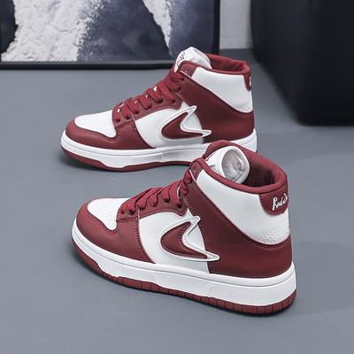 8 Burgundy High-top Board Shoes for Women's Autumn and Winter New Thick-soled Casual Microfiber Leather Versatile Sports Shoes