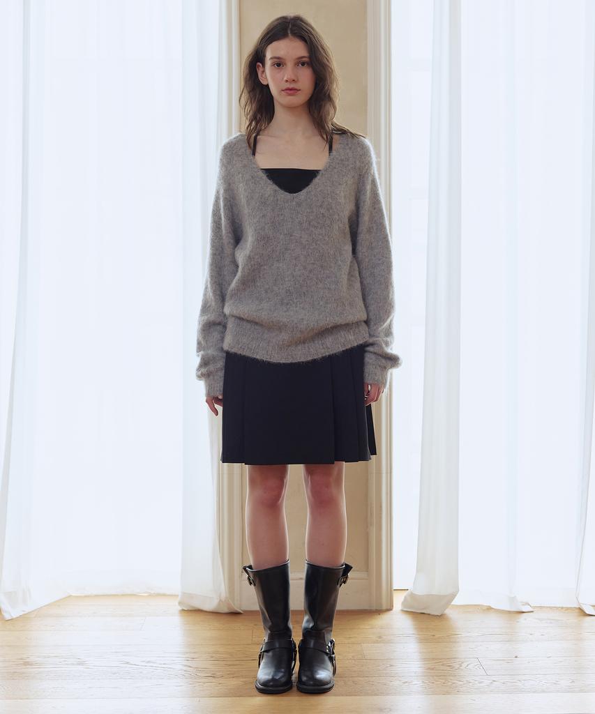 AFTERHOURS Deep V-Neck Alpaca Wool Knit Top (Melange Grey)