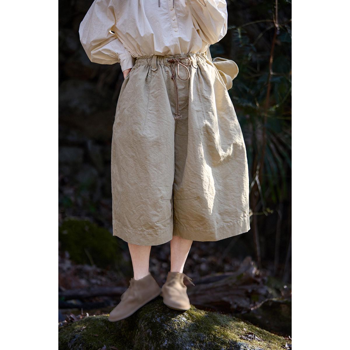 

Summer Khaki Washi Cotton Elastic Waist Versatile Cropped Desert Shorts Large