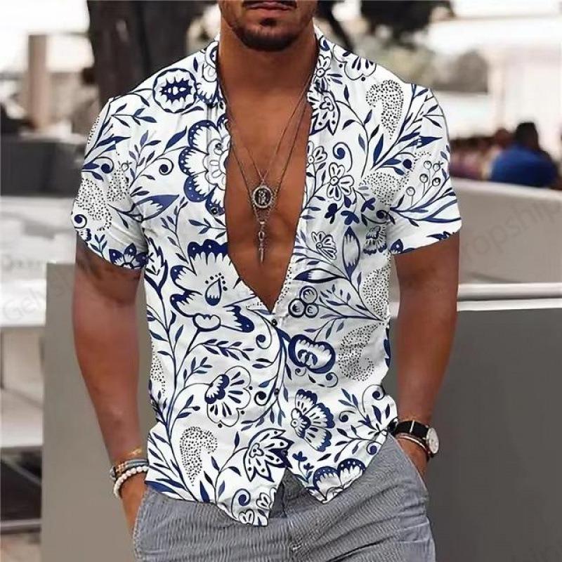 Camisa Havaiana Casual de Verão Masculina com Colarinho Cardigã de Lapela com Botões de Manga Curta