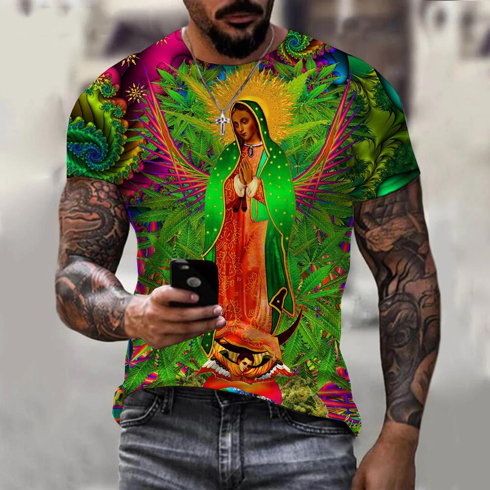 

Summer Round Neck 3D Guadalupe Virgin Mary Catholic Print Top Fashionable Casual Short Sleeved Men s T-shirts 6XL