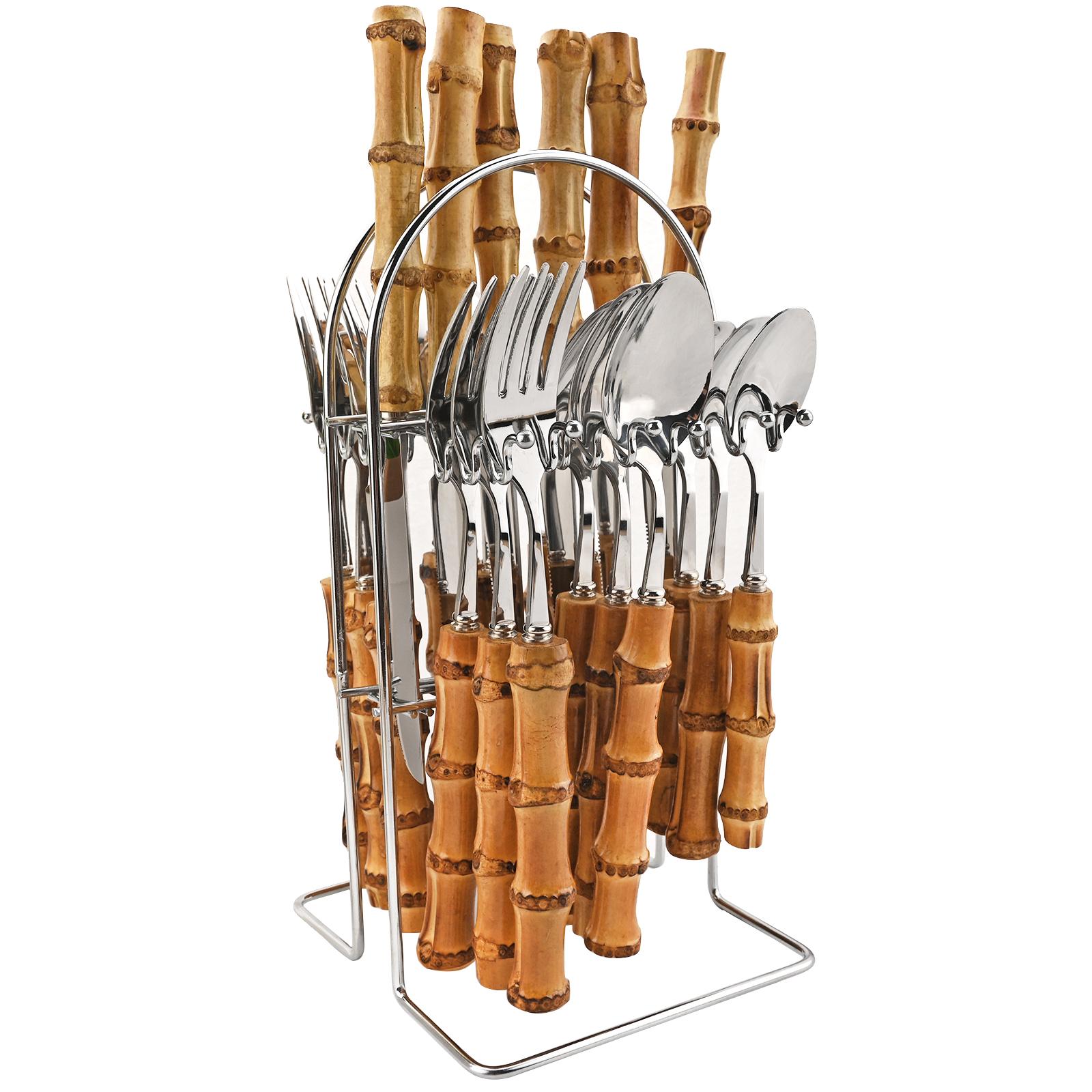 

Роскошный набор столовых приборов из бамбука из 24 предметов - прочная серебристая посуда из нержавеющей стали с держателем для столовых приборов, зеркальная полировка серебряный