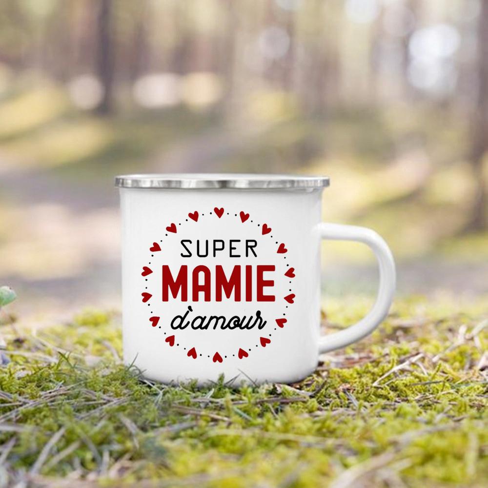 Super Papy Mamie Print Enamel Mug Creative Coffee Cups Drinks Water Milk Cup Enamel Mug Home Drinkware Gifts for Grandma Grandpa