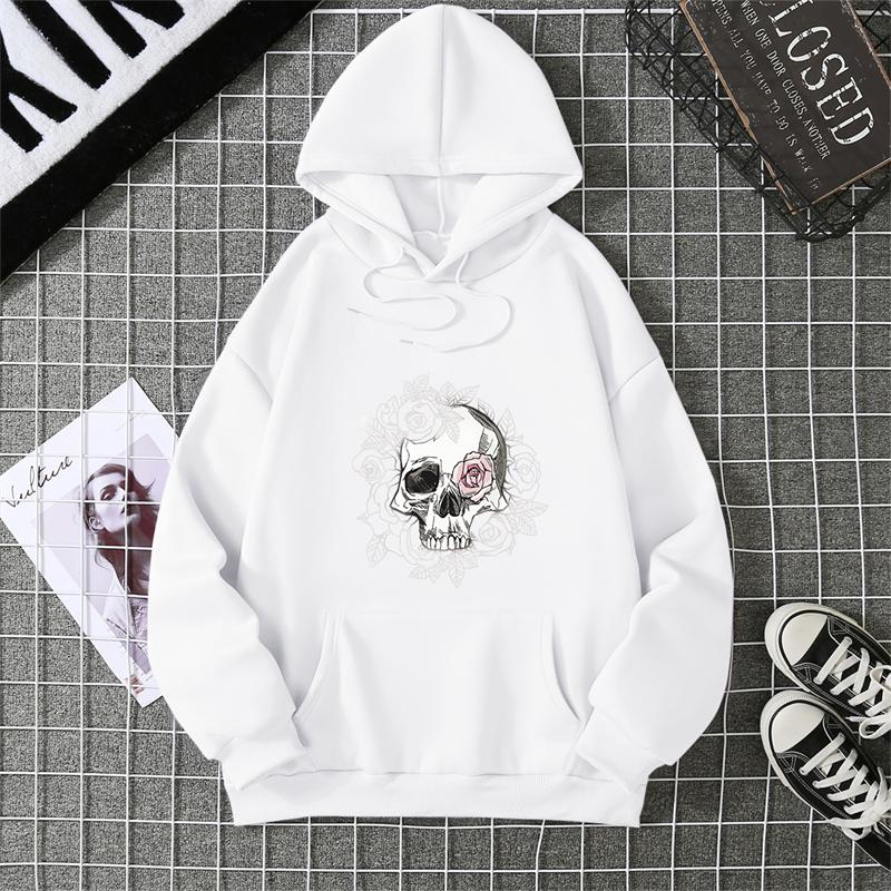 Autumn Winter Couple Style Sunflower Skull Print Hoodie Men Women Casual Simple Top Streetwear Sleeve Decorated Hoodie
