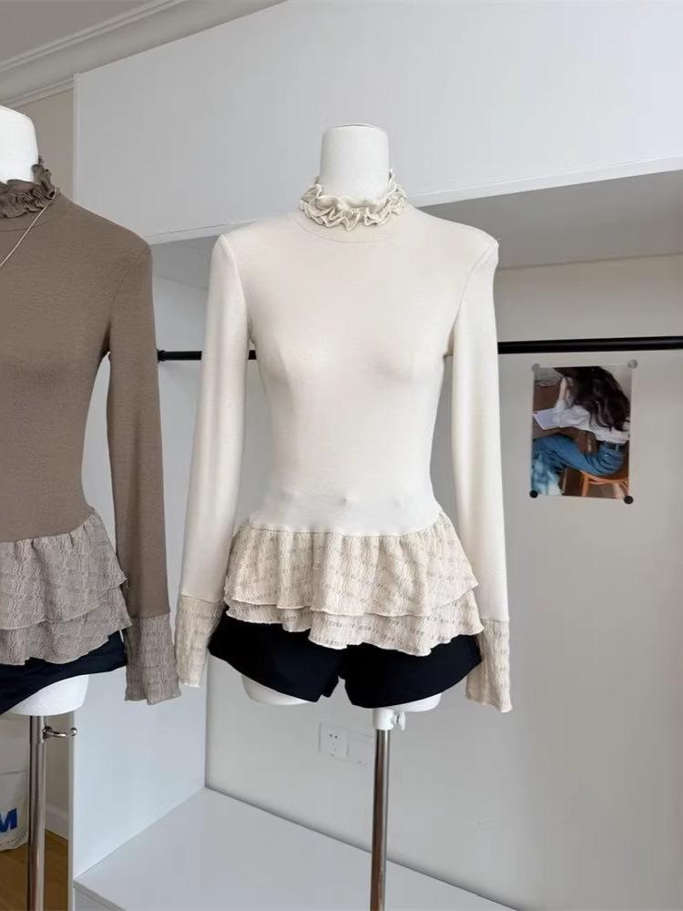 Korean Ballet Faux Two-Piece Lace Hem Long Sleeve Women’s Winter High Neck Slimming T-shirt S High Quality абрикосовый