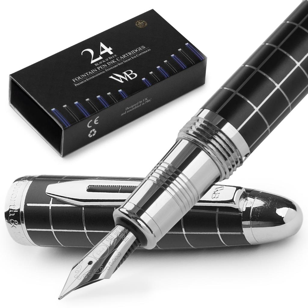Wordsworth Black Majesti Fountain Pen Luxury Chrome Fine Nib Ink Cartridge Refillable Ink Converter Calligraphy Pen Perfect Business Gift Set for Men