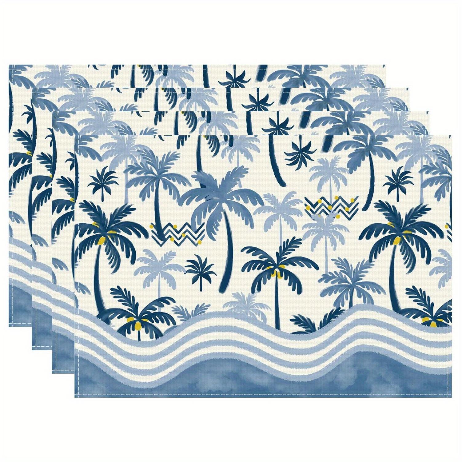 

4/6/8pcs Blue Watercolor Coconut Palm Tree Seawater Summer Placemats, Seasonal Table Placemats for Party Kitchen Dining Room Dec 30x45cm-4PC