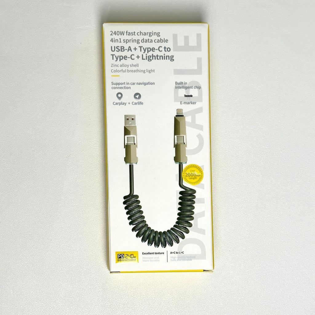 240W Cyber Spring 4-in-1 Retractable Data Cable for Apple & Huawei iPhone 16